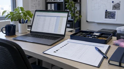 Hình minh họa bảng tính BOM, danh sách kiểm tra và mẫu linh kiện trên bàn