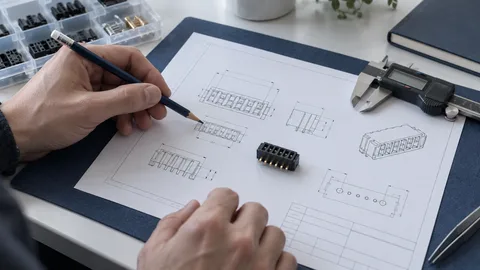 Hình minh họa mẫu đầu nối bên cạnh bản vẽ kích thước và thước cặp